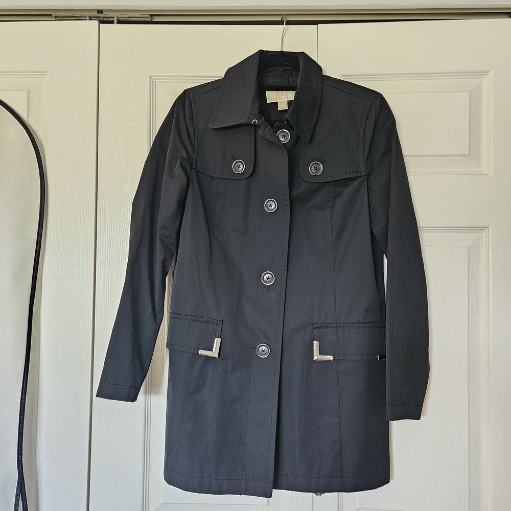 MICHAEL Michael Kors Black Women's Trench Coat with Metal Accent Pockets
